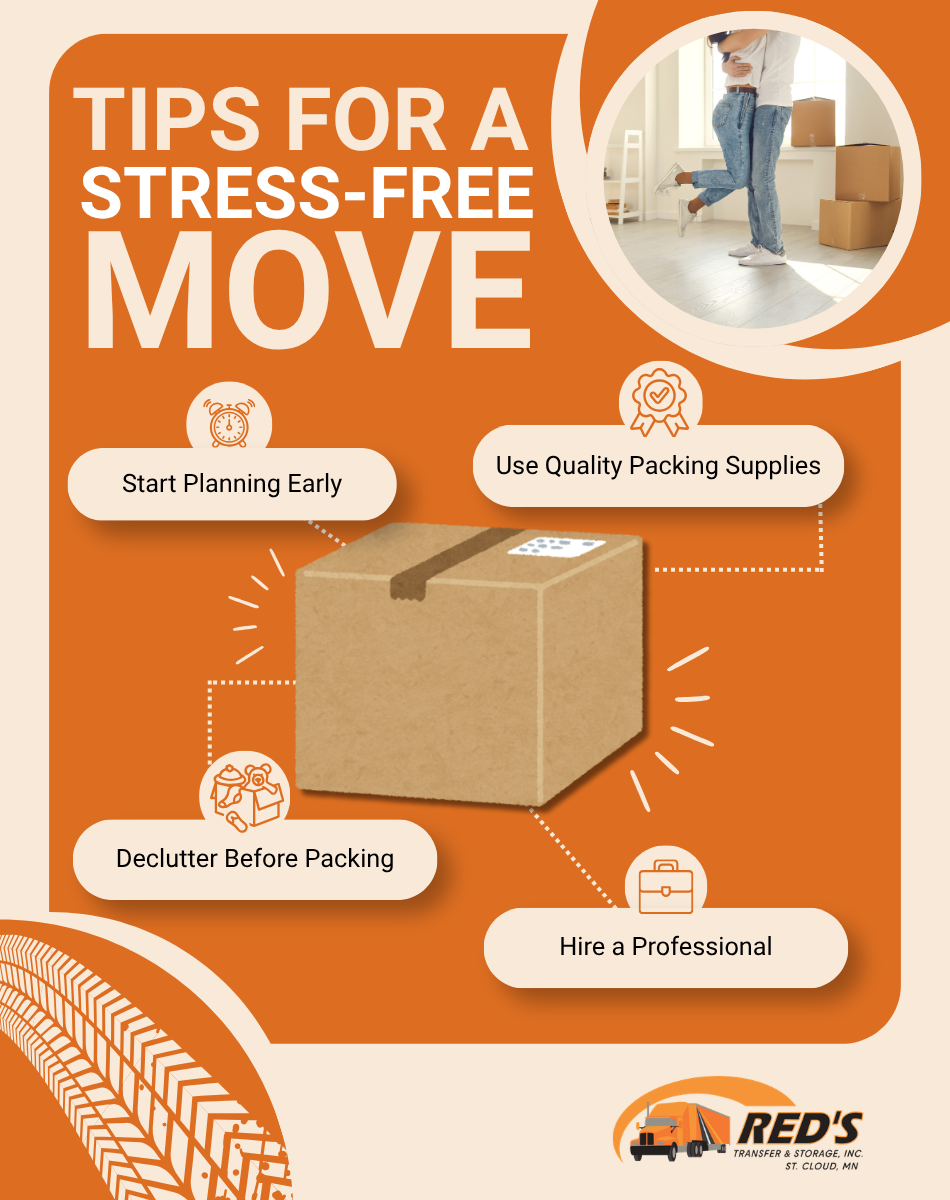 “Tips for a stress-free move “on an orange background with a photo of two people hugging. Tips include: “start planning early,” “use quality packing supplies,” “declutter before packing,” and “seek professional moving help.”