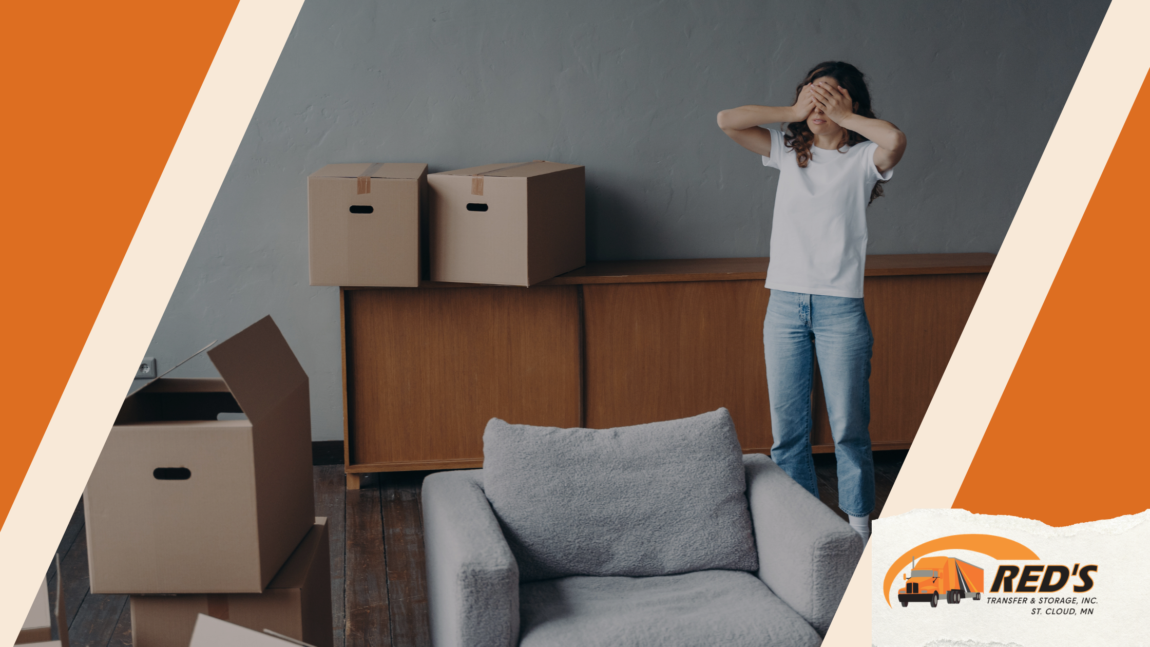 Header Woman stressed from packing and moving items, cream and orange squares on either side of the women, with the Red’s Transfer logo on the bottom right corner.