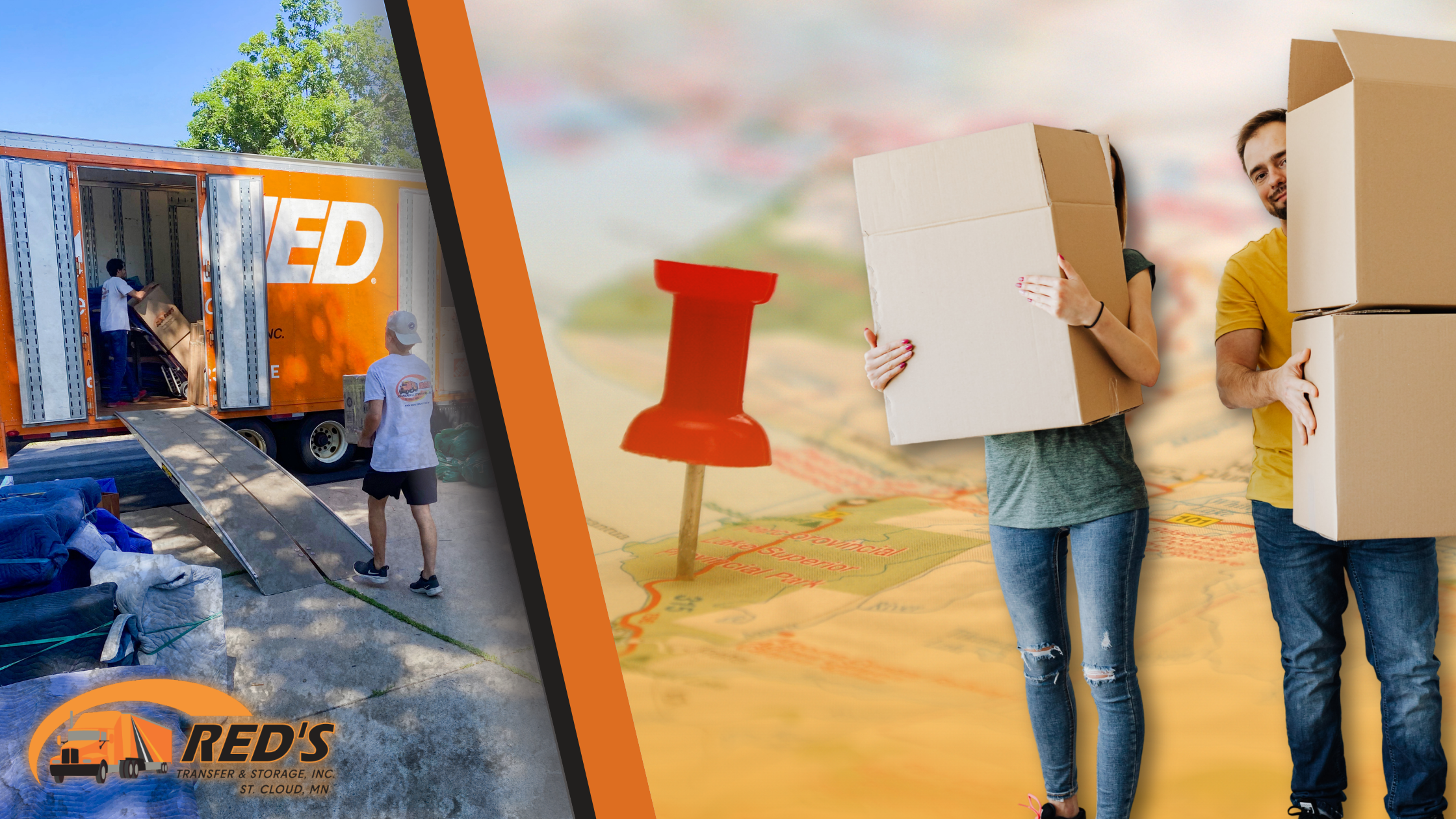 Red’s Transfer employees moving boxes and a couple moving boxes in front of a road map.